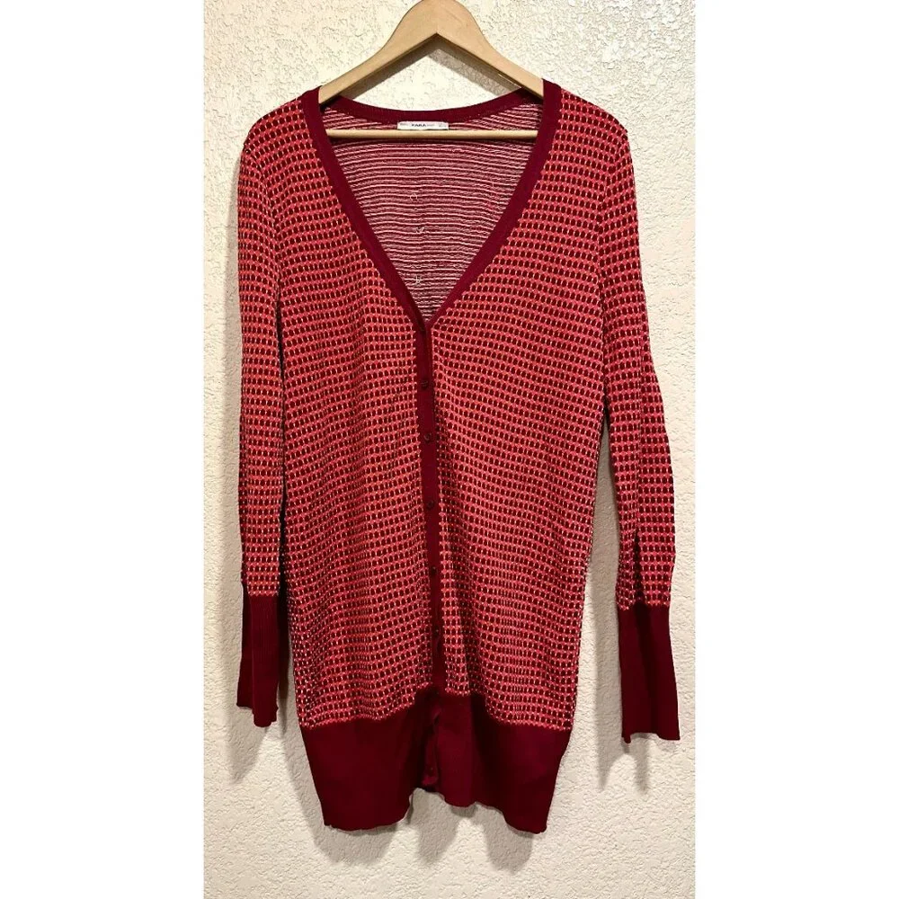 Zara Red Print Knit Red Long Cardigan Sweater
